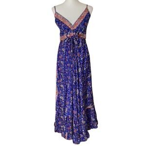 Vintage Silk Maxi Dress Vibrant Blue Red Paisley  Boho Festival 90s Y2K Romantic